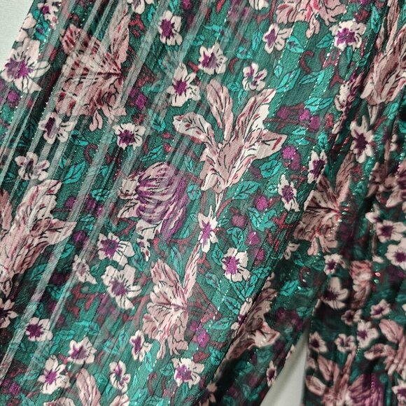 Melloday Long Sleeve Semi Sheer Floral Purple And Green Button Up Blouse - Picture 6 of 9